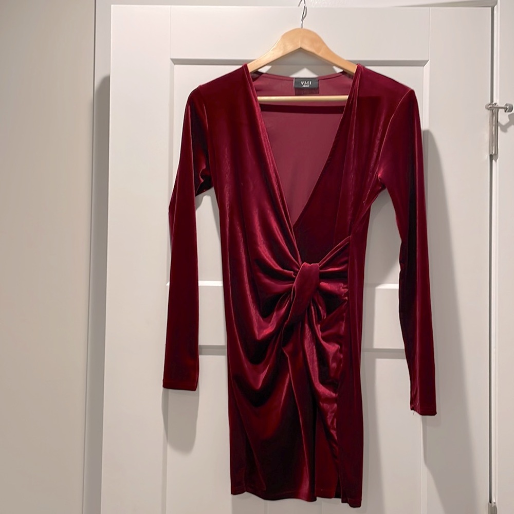 Red tie knot velvet Vici Collection dress